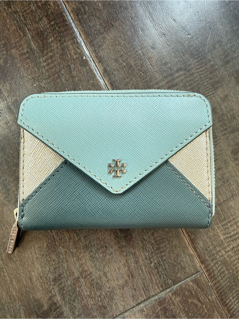 Tory Burch Leather Colorblock Zip Wallet Blue/Gold Logo Key Ring